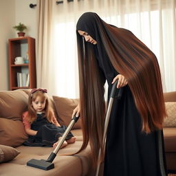 A mother with very long, smooth, flowing hair, wearing a black abaya, cleaning the house with a vacuum cleaner