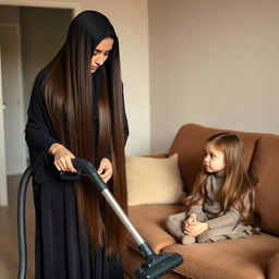 A mother with very long, smooth, flowing hair, wearing a black abaya, cleaning the house with a vacuum cleaner