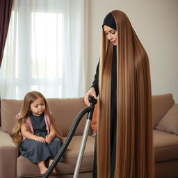 A mother with very long, smooth, flowing hair, wearing a black abaya, cleaning the house with a vacuum cleaner