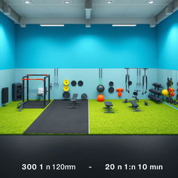 A realistic depiction of a fitness center in a 40 by 10 meters space