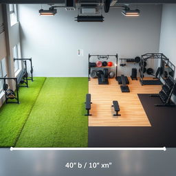 A realistic depiction of a fitness center in a 40 by 10 meters space