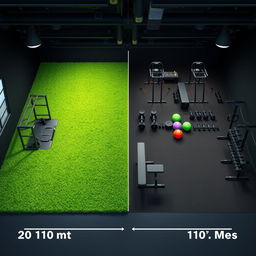 A realistic depiction of a fitness center in a 40 by 10 meters space