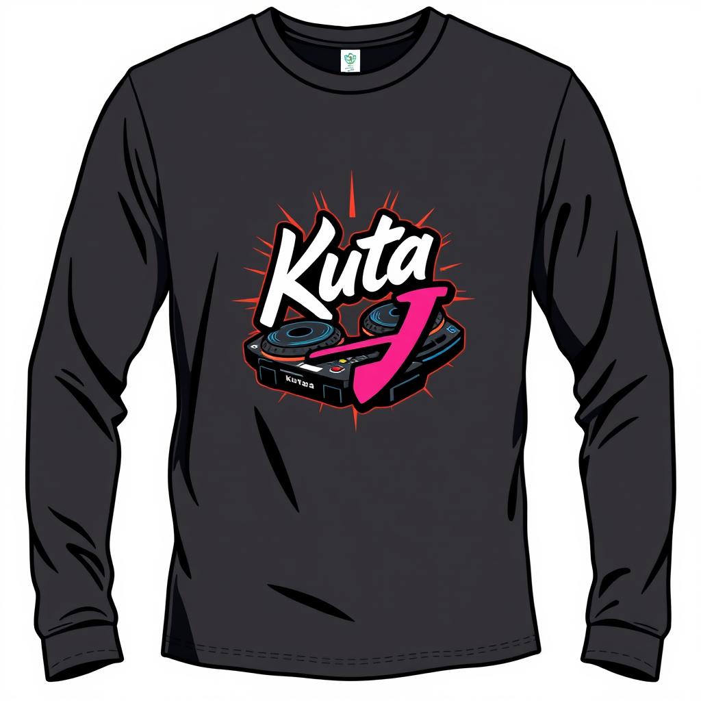 A long-sleeve T-shirt featuring a bold, artistic illustration of the Kuta DJ logo prominently displayed on the front