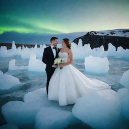 A sophisticated and real wedding venue embellished with an Icelandic theme. The setting features dramatic ice sculptures, Northern lights inspired decorations, and rugged landscapes reminiscent of Iceland's pristine beauty.