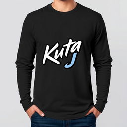 A long-sleeve T-shirt featuring a bold, artistic illustration of the Kuta DJ logo prominently displayed on the front