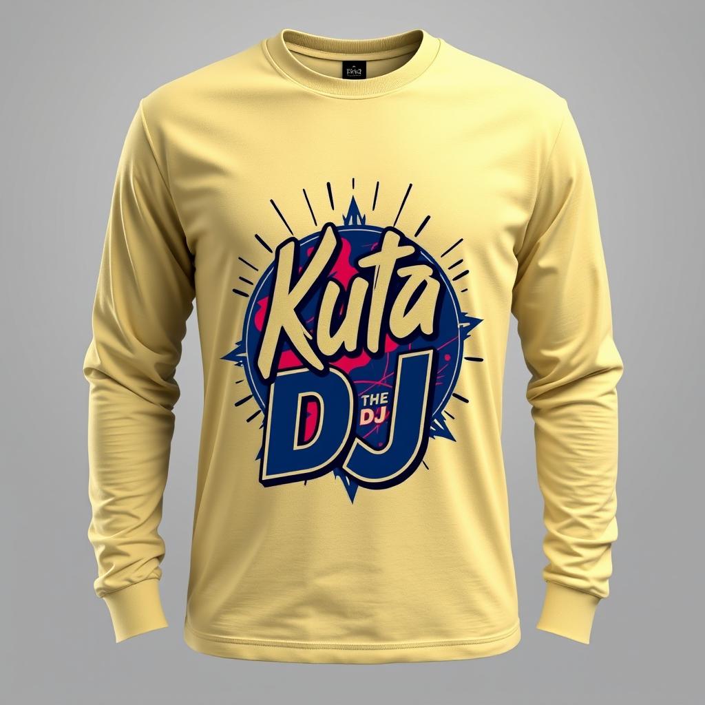 A long-sleeve T-shirt featuring a bold, artistic illustration of the Kuta DJ logo prominently displayed on the front