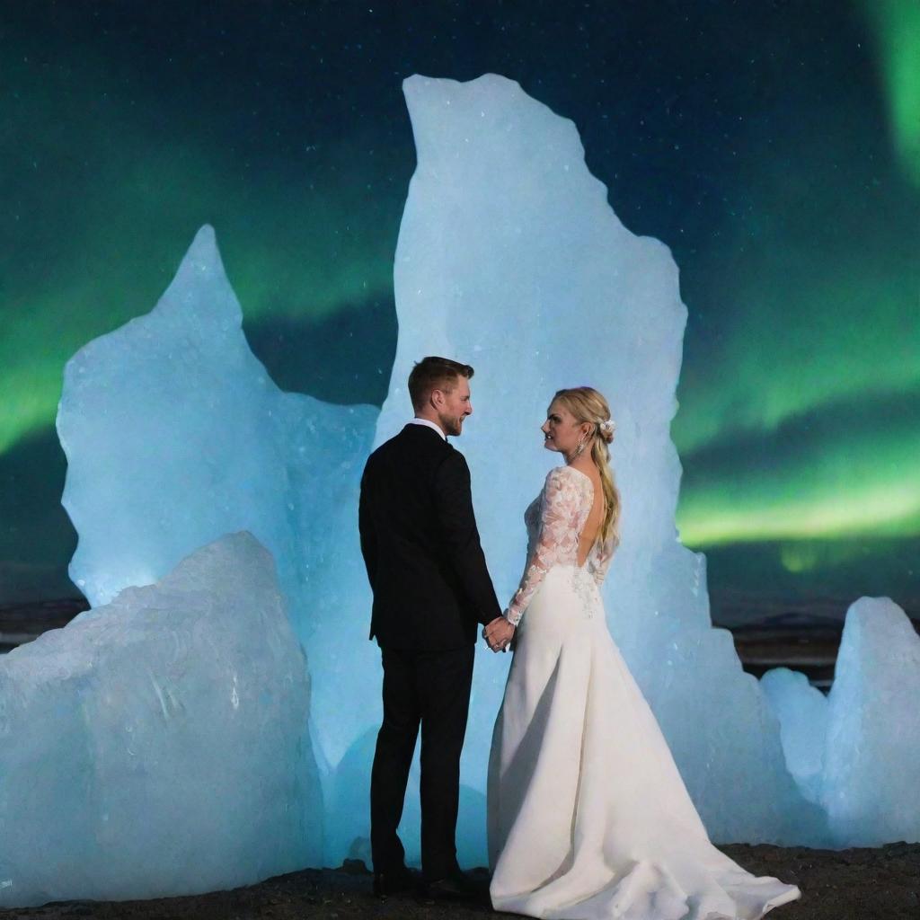 A sophisticated and real wedding venue embellished with an Icelandic theme. The setting features dramatic ice sculptures, Northern lights inspired decorations, and rugged landscapes reminiscent of Iceland's pristine beauty.