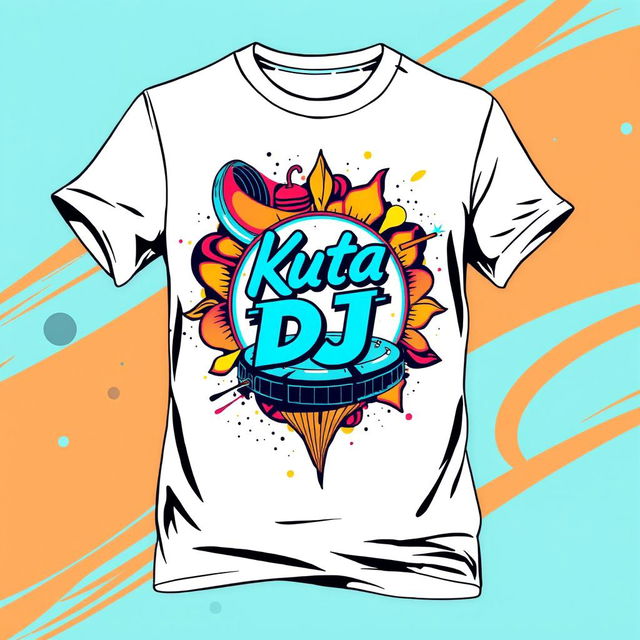 A trendy T-shirt featuring a dynamic and artistic illustration of the Kuta DJ logo centered on the front