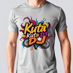 A trendy T-shirt featuring a dynamic and artistic illustration of the Kuta DJ logo centered on the front