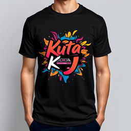 A trendy T-shirt featuring a dynamic and artistic illustration of the Kuta DJ logo centered on the front