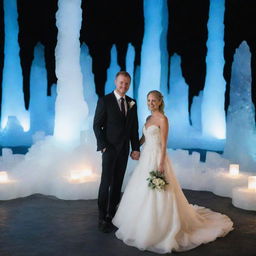 A sophisticated and real wedding venue embellished with an Icelandic theme. The setting features dramatic ice sculptures, Northern lights inspired decorations, and rugged landscapes reminiscent of Iceland's pristine beauty.