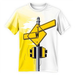 A T-shirt featuring a creative graphic of a street intersection sign with a vibrant yellow color scheme