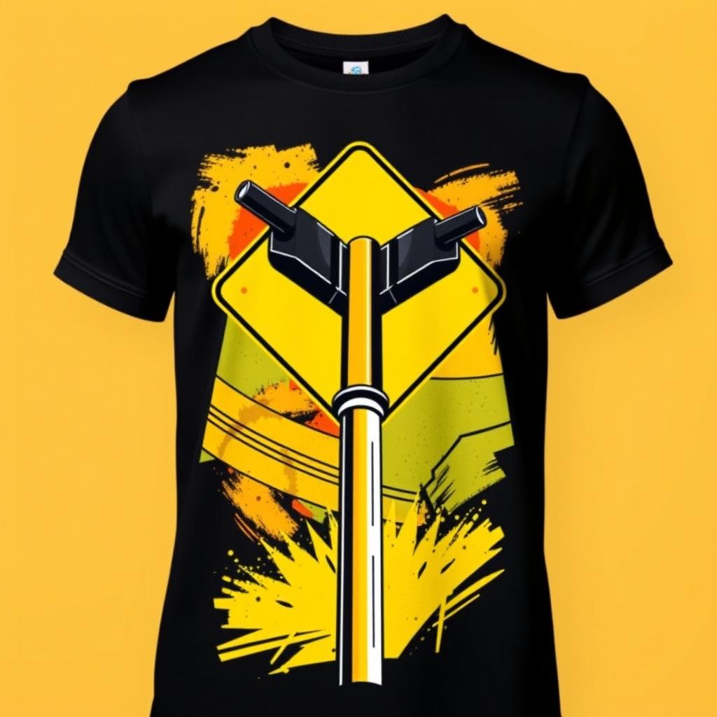 A T-shirt featuring a creative graphic of a street intersection sign with a vibrant yellow color scheme