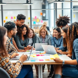 A diverse group of people collaborating in a vibrant modern workspace, engaged in brainstorming and discussing innovative ideas