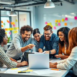 A diverse group of people collaborating in a vibrant modern workspace, engaged in brainstorming and discussing innovative ideas