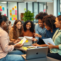 A diverse group of people collaborating in a vibrant modern workspace, engaged in brainstorming and discussing innovative ideas