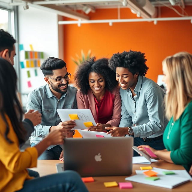 A diverse group of people collaborating in a vibrant modern workspace, engaged in brainstorming and discussing innovative ideas