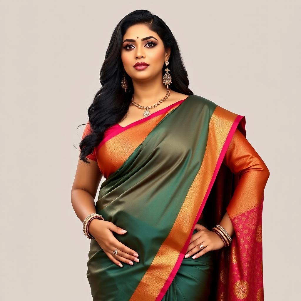 A voluptuous woman in a traditional sari, styled to highlight her curves and larger bust