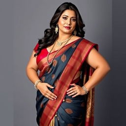 A voluptuous woman in a traditional sari, styled to highlight her curves and larger bust