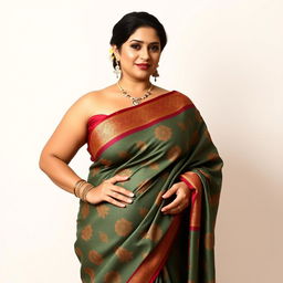 A voluptuous woman in a traditional sari, styled to highlight her curves and larger bust