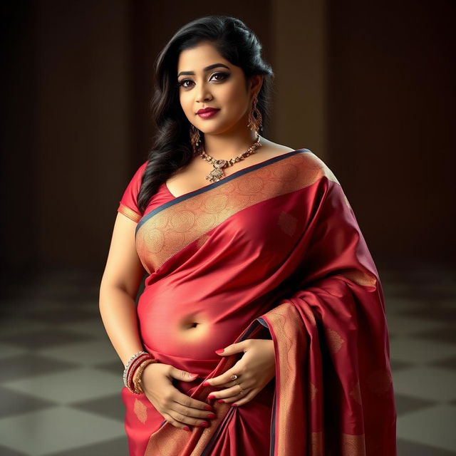 A voluptuous woman in a traditional sari, styled to highlight her curves and larger bust