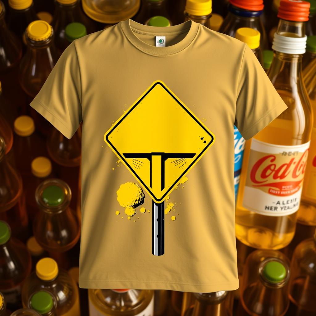 A T-shirt featuring a creative graphic of a street intersection sign or plus sign with a vibrant yellow color scheme, set against a background of drink bottles