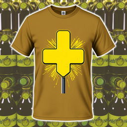 A T-shirt featuring a creative graphic of a street intersection sign or plus sign with a vibrant yellow color scheme, set against a background of drink bottles