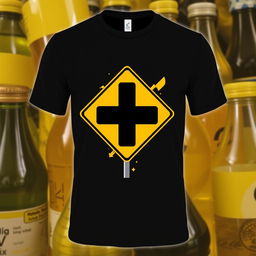 A T-shirt featuring a creative graphic of a street intersection sign or plus sign with a vibrant yellow color scheme, set against a background of drink bottles