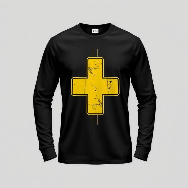 A long-sleeve T-shirt featuring a striking graphic of a street intersection sign or plus sign designed with a bold yellow and black color pattern