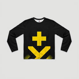 A long-sleeve T-shirt featuring a striking graphic of a street intersection sign or plus sign designed with a bold yellow and black color pattern