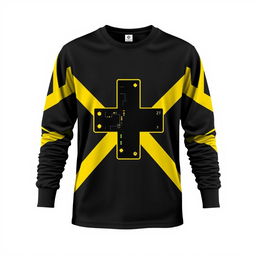 A long-sleeve T-shirt featuring a striking graphic of a street intersection sign or plus sign designed with a bold yellow and black color pattern