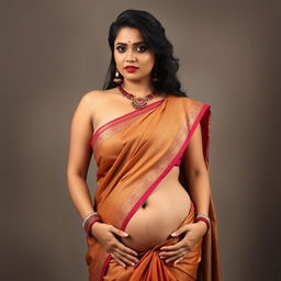 A confident and curvaceous woman in a traditional yet alluring sari, styled to artistically reveal her cleavage and tummy