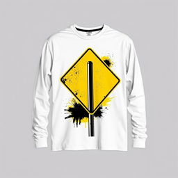 A long-sleeve T-shirt featuring a striking graphic of a street intersection sign with a bold yellow and black color pattern