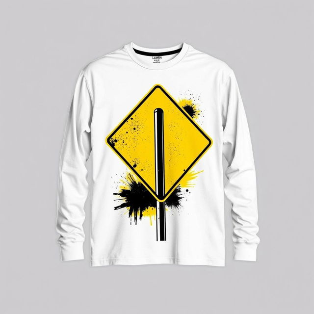 A long-sleeve T-shirt featuring a striking graphic of a street intersection sign with a bold yellow and black color pattern