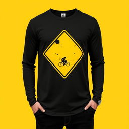 A long-sleeve T-shirt featuring a striking graphic of a street intersection sign with a bold yellow and black color pattern