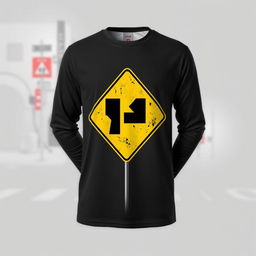 A long-sleeve T-shirt featuring a striking graphic of a street intersection sign with a bold yellow and black color pattern