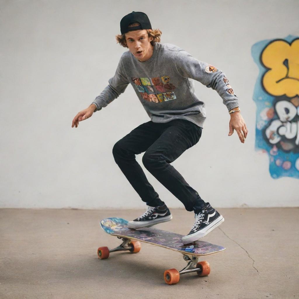 A stylish skater, busting an impressive trick on his skateboard that's decorated with an array of colorful stickers