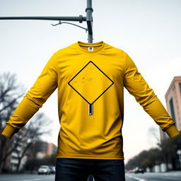 A long-sleeve T-shirt featuring a bold and eye-catching graphic of a street intersection sign, designed with a vibrant yellow and black color scheme