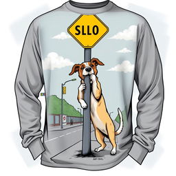 A long-sleeve shirt depicting a whimsical and imaginative scene of a dog playfully chewing on a street intersection sign