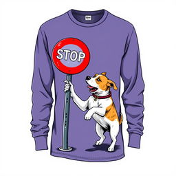 A long-sleeve shirt depicting a whimsical and imaginative scene of a dog playfully chewing on a street intersection sign