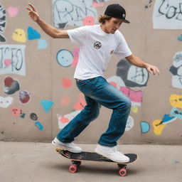 A stylish skater, busting an impressive trick on his skateboard that's decorated with an array of colorful stickers