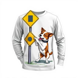 A long-sleeve shirt depicting a whimsical and imaginative scene of a dog playfully chewing on a street intersection sign