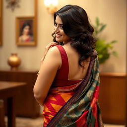 A beautiful and voluptuous woman in a stylish sari, capturing her curvy figure with emphasis on her bust and elegant back