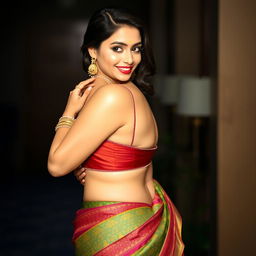 A beautiful and voluptuous woman in a stylish sari, capturing her curvy figure with emphasis on her bust and elegant back