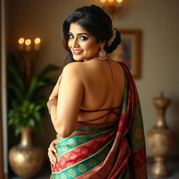 A beautiful and voluptuous woman in a stylish sari, capturing her curvy figure with emphasis on her bust and elegant back