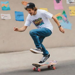 A stylish skater, busting an impressive trick on his skateboard that's decorated with an array of colorful stickers