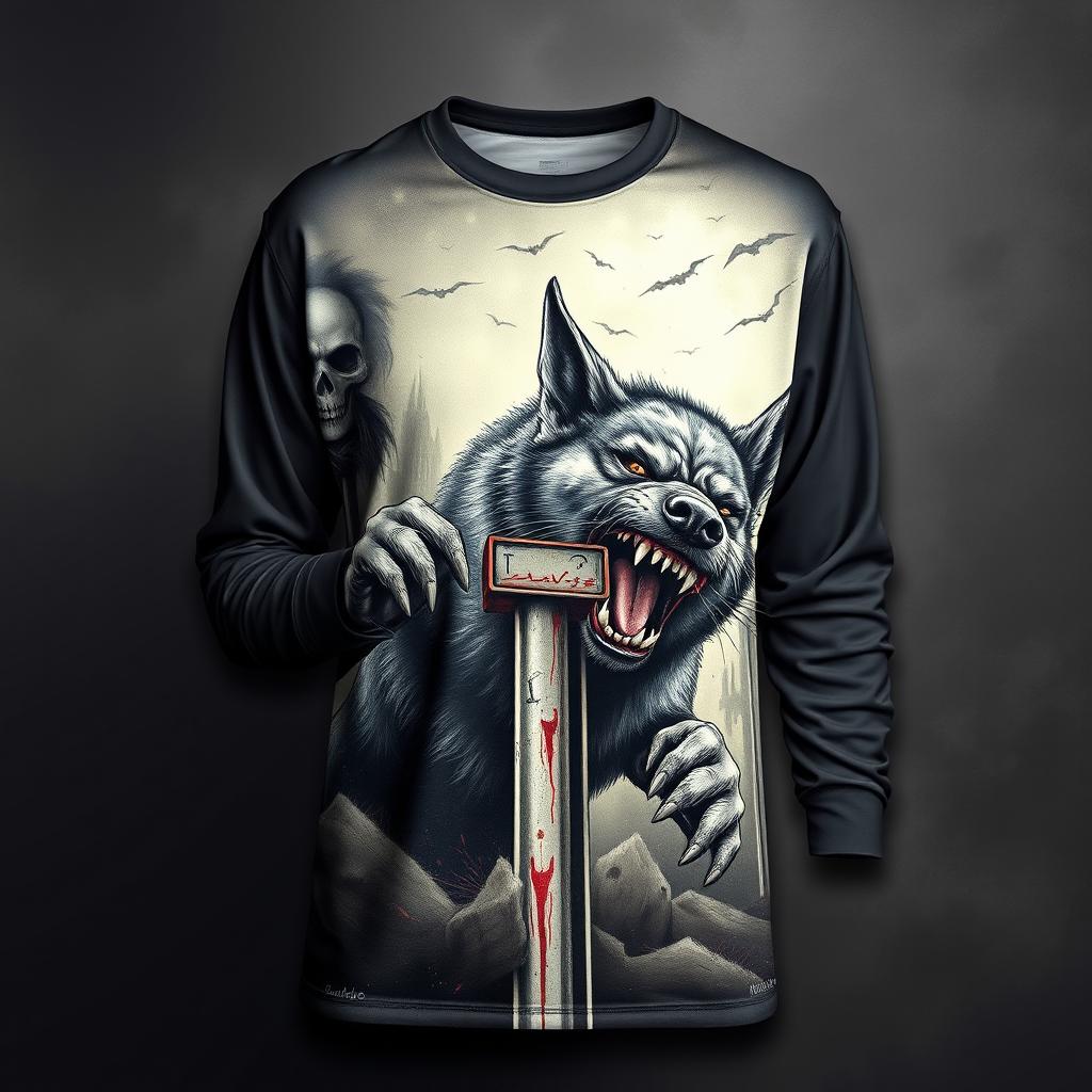 A long-sleeve shirt depicting a fierce and wild dog aggressively chewing on street intersection signs, with a haunting and eerie design