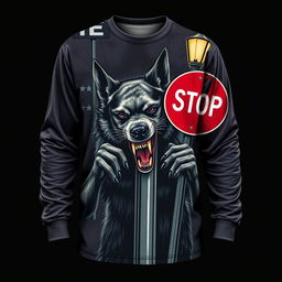 A long-sleeve shirt depicting a fierce and wild dog aggressively chewing on street intersection signs, with a haunting and eerie design