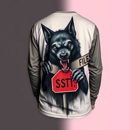 A long-sleeve shirt depicting a fierce and wild dog aggressively chewing on street intersection signs, with a haunting and eerie design