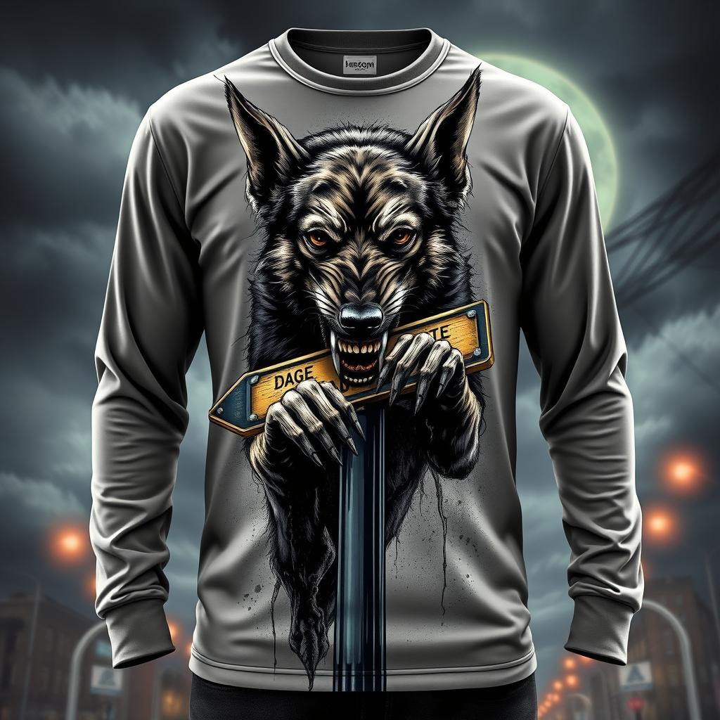 A long-sleeve shirt depicting a fierce and wild dog aggressively chewing on street intersection signs, with a haunting and eerie design